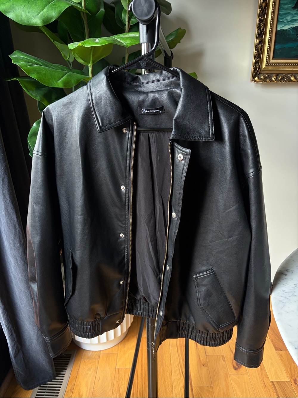 Oversized Black Faux Leather Bomber Jacket